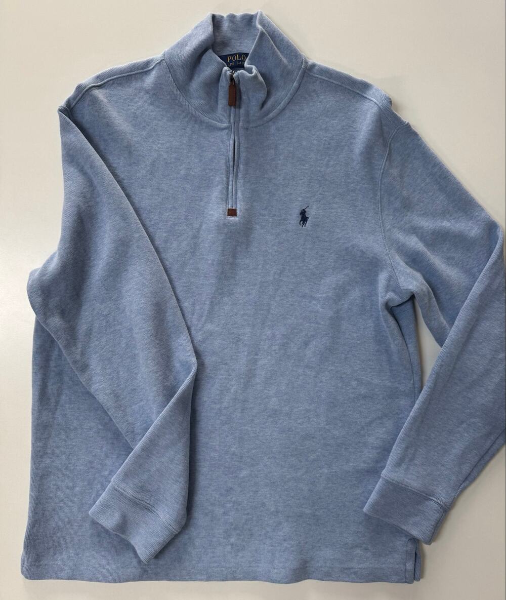 Polo Ralph Lauren Sweater Men's Large Light Blue Quarter Zip 100% Cotton
